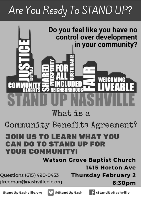 Stand Up Nashville poster for Community Benefits Agreement introduction meeting