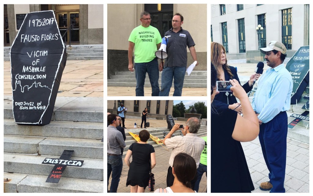 collage of images showing Nashvillians speaking into loud speakers and addressing memebers of the press standing before crosses and coffins placed on skyscaper steps at vigil for lost contruction workers