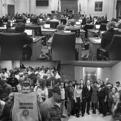 collage of black and white images of Nashvillians at community meetings and officials voting on the "Do Better Bill" in a town hall meeting