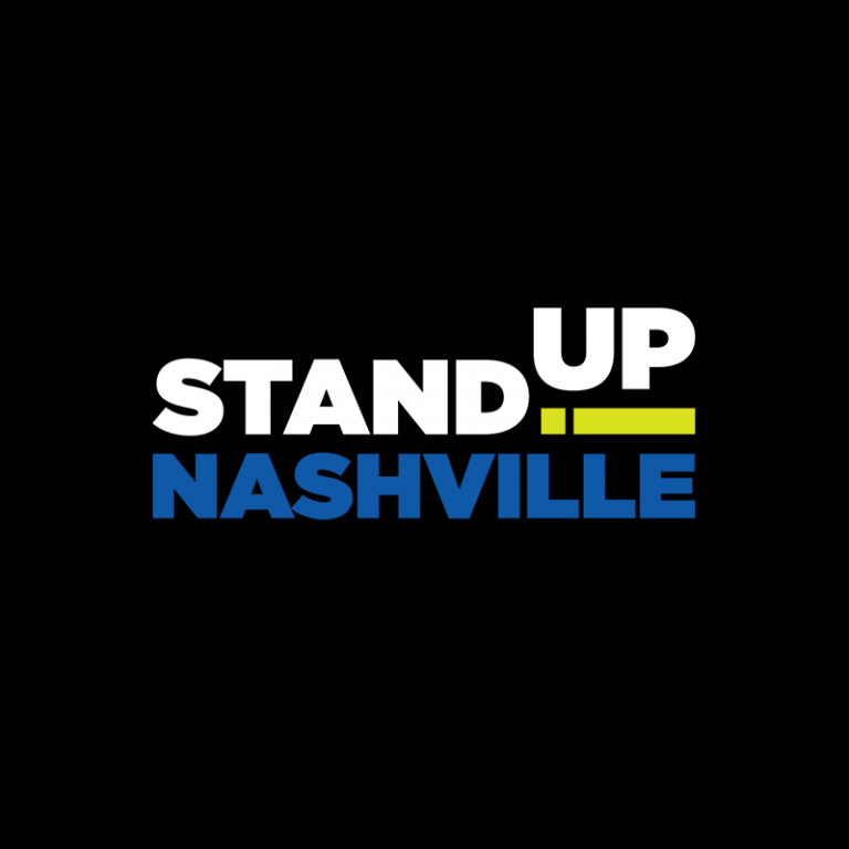 Stand Up Nashville corporate logo in white, blue and chartreuse on black background