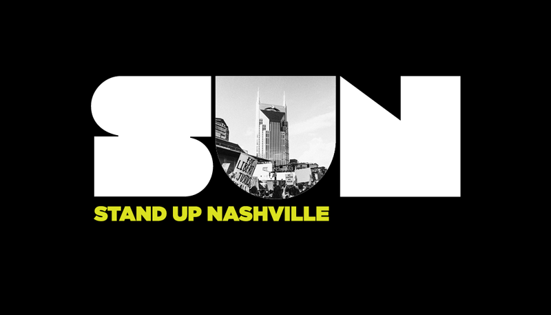 Stand Up Nashville - SUN - logo with bold thick typeface incorporating organized protestors holding placards with iconic Nashville building in background